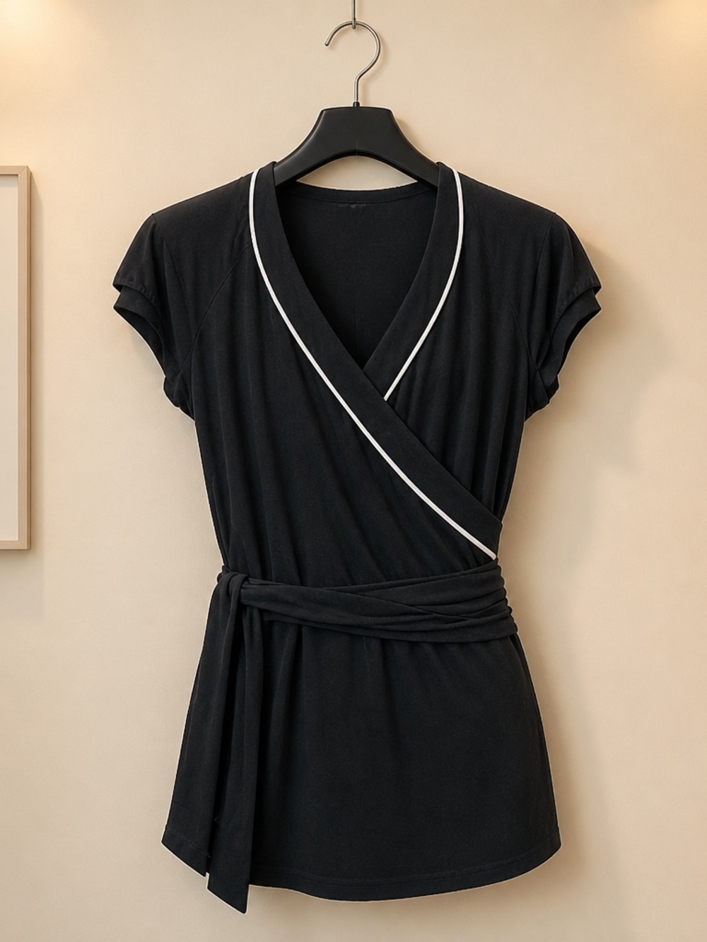 Anne Taylor Vintage Stretchy Belted Black with White Piping Y2K Blouse size XS